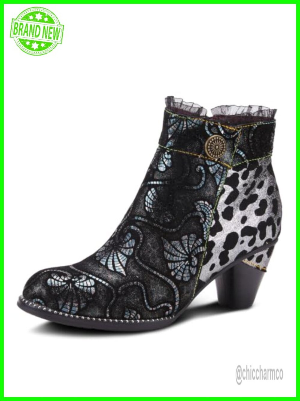 Metallic Suede Animal Print Ankle Bootie Cone Heel Ruffle Collar